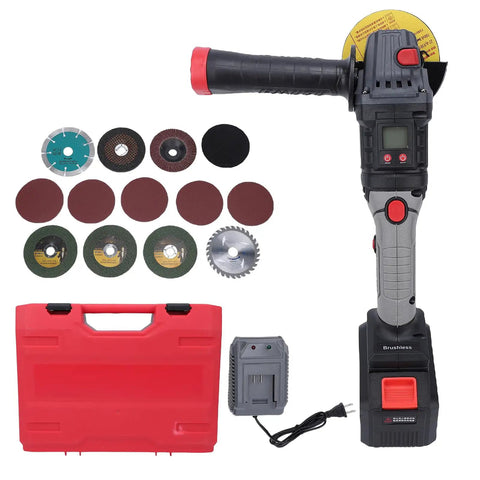 Heavy Duty 21V Cordless Angle Grinder With Brushless Motor, blades and charger, suitable for cutting metal and wood.