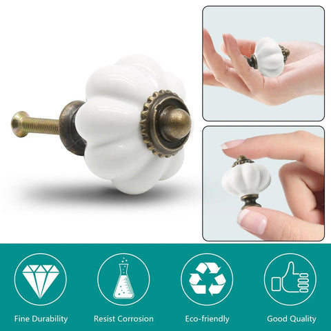 Top Shelf Vintage White Ceramic Pumpkin Cabinet Knobs Totally Bangin Styles For Kitchen Drawers And Bedroom Dressers Gonna Upgrade Any Space Quick Install 12 Piece Hardware Bundle Included hand held showing detail and metal screw