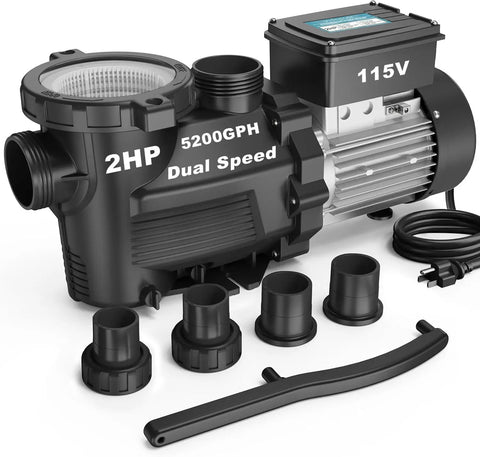 Powerhouse Dual Speed 2HP Above Ground Pool Pump With Self Priming High Flow 5200 GPH On High And 2600 GPH On Low Matte Black