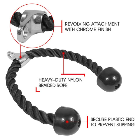 Heavy Duty Tricep Rope Cable Attachment For Gym Pulley System With Rustproof Chrome Connector And Durable Stainless Steel Carabiner features braided nylon rope.