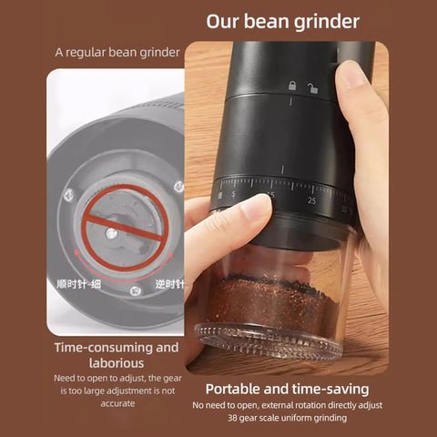 Portable Electric Coffee Grinder With Ceramic Burrs And Digital Scale, Usb Rechargeable Cordless Design For Espresso Drip French Press, No Fuss Brewing And Smooth Sips At Home Or On The Road displaying adjustable grind settings and ground coffee.