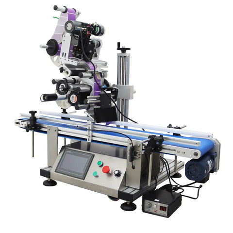 Automatic Desktop Conveyor Labeling Machine With Adjustable Belt For Flat Surfaces 110V Plug And Play Bottle Applicator side view with control panel.