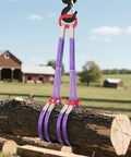 Two Pack Two Leg Lifting Slings With Hooks, 4400 Lb Capacity Heavy Duty Polyester Rigging Straps holding log in rural setting
