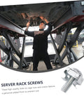Top Shelf 100 Piece Rack Mount Screws Plus Cage Nuts Forged From Heavy Duty Steel With Zinc Coating To Keep Rust At Bay While You Rack Stack And Run Your Server Gear Like A Pro Without Breaking A Sweat. Man using rack screws on a lift in a garage.
