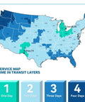US map showing delivery transit times in color-coded layers for one to four days with labels for El Paso, TX and Detroit, MI.