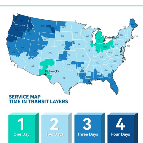 Transit service map of the USA showing delivery times in days from El Paso, TX and Detroit, MI.