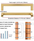 Top Shelf 10 Pack Brushed Gold Cabinet Pulls 5 Inch Square Bar Drawer Handles with dimensions and screw specifications.
