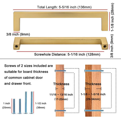 Top Shelf 10 Pack Brushed Gold Cabinet Pulls 5 Inch Square Bar Drawer Handles with dimensions and screw specifications.