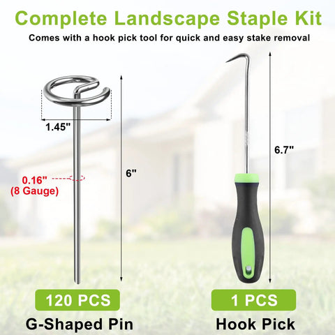 Heavy Duty 8 Gauge Landscape Staples Set Of 120 With Pick Hook, 6 Inch G Shaped Garden Stakes, Galvanized Steel