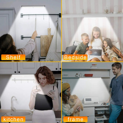 People using Six Pack Wireless Under Cabinet Lights With Remote Control No Fuss Dimmable 20 LED Rechargeable Stick-On Night Light Strips