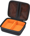 Kickass Drop Guard EVA Hardshell Case For Square Terminal Credit Card Reader With Lockdown Inner Cradle And Heavy Duty Travel Organizer Pouch. Open black case with orange inner compartments.