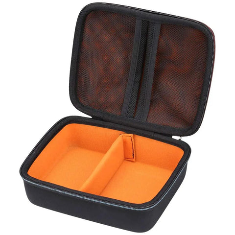 Kickass Drop Guard EVA Hardshell Case For Square Terminal Credit Card Reader With Lockdown Inner Cradle And Heavy Duty Travel Organizer Pouch. Open black case with orange inner compartments.