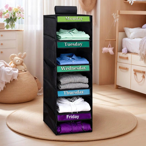 Kids Five Shelf Hanging Closet Organizer With Weekday Dividers, black, five tiers, neatly organized clothing by day.