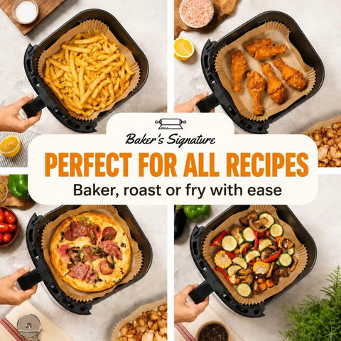 Hassle Free Air Fryer Liners Disposable Parchment Paper Silicone Coated Nonstick BPA Free, shown with various cooked foods.