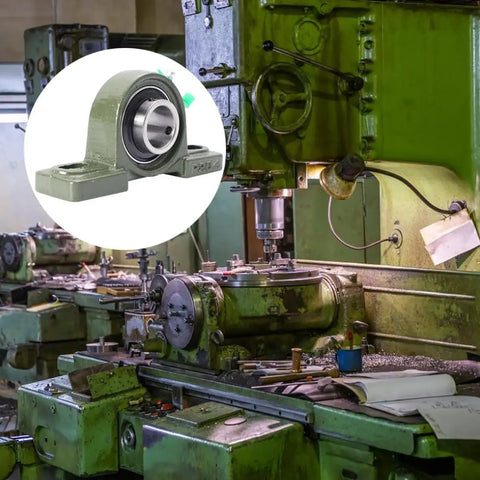 Heavy Duty Cast Iron Pillow Block Housing Bearing Pair With Double Bolt Anchor And Twin Rubber Seals Single Row Ball Design shown in industrial machinery.