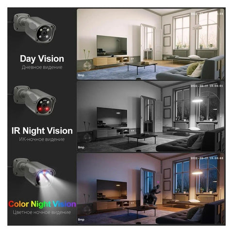 Image showing Top Shelf 8Mp 4K PoE CCTV NVR Security Camera Kit With Smart Motion Tracking in Day and Night Vision settings.