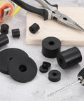 Rock Solid 36 Piece Round Rubber Spacer Set 1 2 Od X 3 16 Id X 1 4 Thick Anti Vibration Flat Bushings on a work surface with tools.