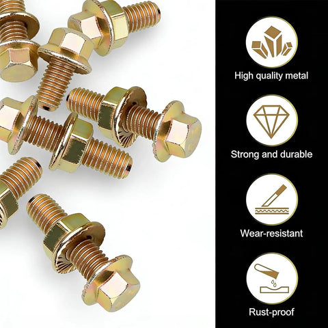 Bulletproof Exhaust Manifold Bolt Kit Built Tough With Grade Eight Carbon Steel Hex Flange Nuts And Screws For Straight Swap Universal Fit Across Cars Trucks And Suvs Automotive Hardware Gold close-up of gold zinc flange bolts.