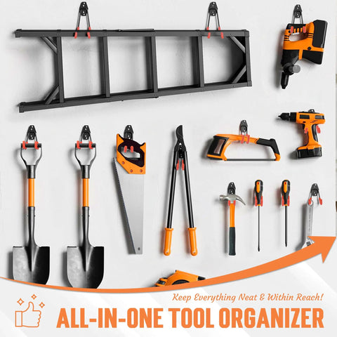 Kickass Heavy Duty Garage Storage Hooks 20 Piece Wall Organization Kit For Hanging Bikes Ladders Garden Tools Ropes Cord Organizers Absolute Zero Sweat Install with tools mounted on wall.