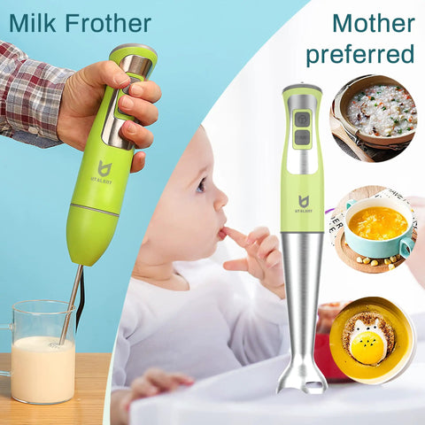 5 In 1 All In One Immersion Hand Blender With 8 Speeds And 300W Power in green, showing milk frother in use and baby eating.