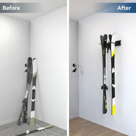 Before and after comparison of Heavy Duty Wall Mount Ski Rack For Garage Adjustable Steel Rail Holds Four Pairs Of Skis.
