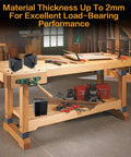 Rock Solid 8 Piece Workbench Bracket Kit For 2X4 Lumber Three Way Right Angle Corner Connectors Heavy Duty Carbon Steel installed on a workbench.