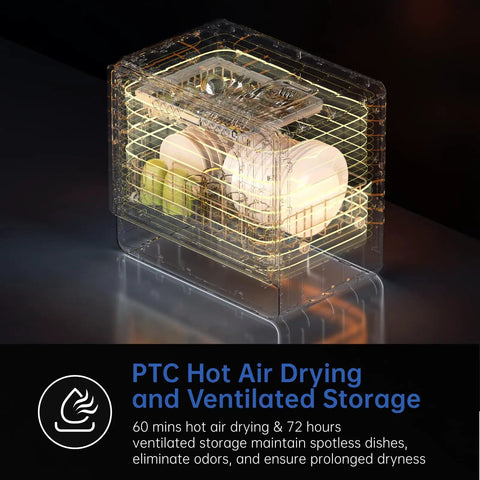 Space Saving Countertop Dishwasher Featuring Built In Water Tank And Big Kid Capacity For Cramped Kitchens showing PTC hot air drying and ventilated storage.