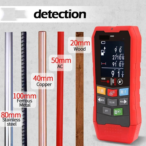 Top Tier Badass Wall Scanner And Metal Detector Stud Finder With Ac Voltage Live Cable Depth Detection Waterproof Probe Rock Solid Multi Functional Tool Built Like A Tank displaying detection capabilities and measurement indicators.
