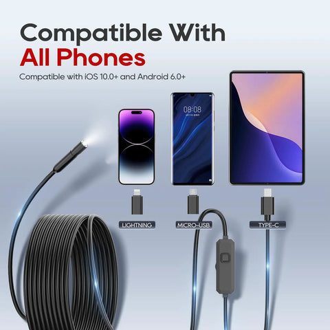 Pro-Grade Endoscope Camera With Light For Android And iOS showing compatibility with USB-C, Micro-USB, and Lightning connections.