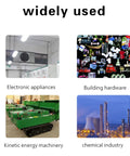 Image illustrating various applications: electronic appliances, building hardware, kinetic energy machinery, and chemical industry.