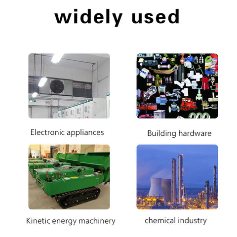 Image illustrating various applications: electronic appliances, building hardware, kinetic energy machinery, and chemical industry.