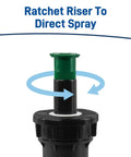 Close-up of Hard Top Pop Up Sprinkler Head With Pressure Regulating Valve Four Inch Riser And Fifteen Foot Adjustable Spray Pattern