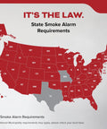 Map of the United States showing state smoke alarm requirements in red, highlighting legal obligations for smoke detectors.