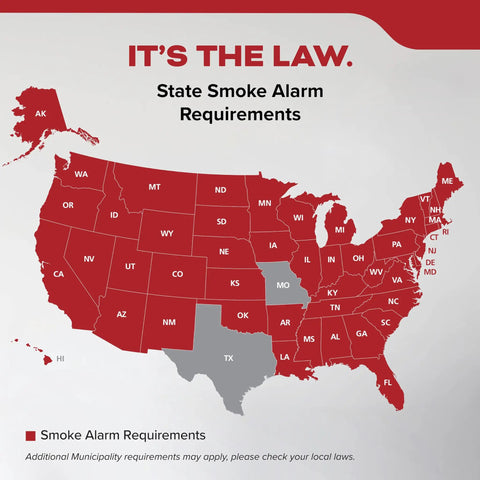 Map of the United States showing state smoke alarm requirements in red, highlighting legal obligations for smoke detectors.