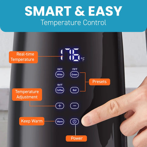 Digital touchscreen of 1.7L Dual Wall Electric Tea Kettle With Cool Touch Borosilicate Glass, 304 Stainless Steel Interior, Black