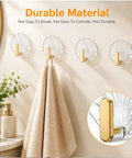 10 Pack Invisible Adhesive Wall Hooks With Chic Gold Shell Design Waterproof Heavy Duty Strong Hold For Bathroom Shower Kitchen Organization Easy Install Straight Up Game Changing Setup, close-up on hooks holding towels.