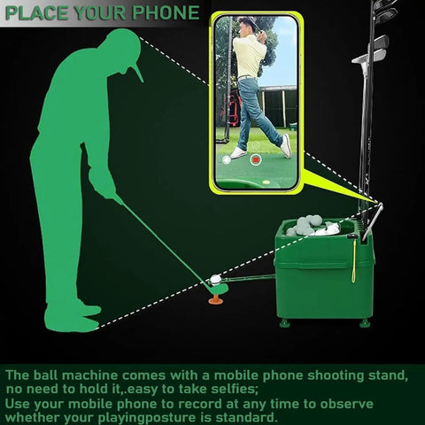 Automatic Golf Tee Machine With Infrared Sensor Ball Release setup for practice, showing phone holder and golf clubs.