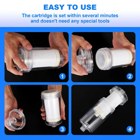 Four-step installation guide for 1 Micron High Density Washing Machine Water Filter System For Washer And RV Heaters Over 99.5 Percent Chlorine Fluorine And Heavy Metals Removal Reusable ACF Filter With Advanced Activated Carbon Fiber Carbon Block And PP Cotton, showing hands assembling the filter.