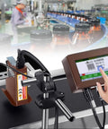 Industrial Automatic Inkjet Coding Machine For Production Lines Features High Definition 600Dpi Printing And Reliable Online Labeling For Logos, Graphics, And Batch Codes On Conveyor Systems With A 25.4mm Width Red Ink Option, with touchscreen controls and ink head on a conveyor.