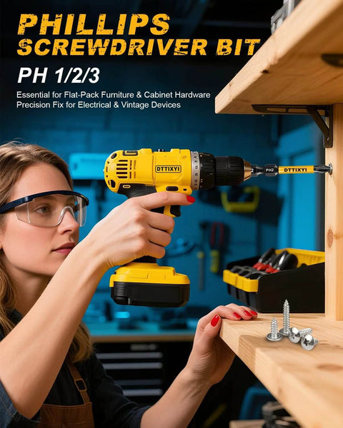 Cordless yellow drill with magnetic bit holder and Phillips, slotted, Pozidriv bits