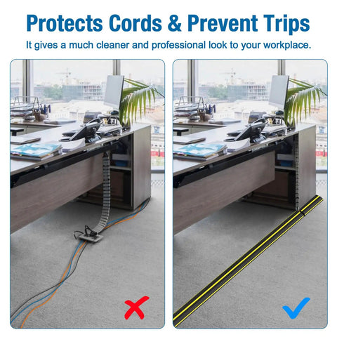 Heavy Duty PVC Cord Cover Protector 10 ft Floor Cable Duct That Unrolls Easily Prevents Trip Hazards in office with cables secured