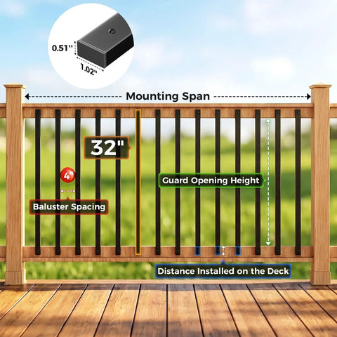 Hella Sturdy 110 Pcs 32 Inch Rectangular Iron Deck Balusters Straight Railing Spindle Kit demonstrating baluster spacing and guard height.