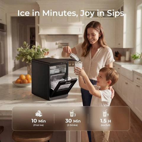 Mother and child using Nugget Ice Maker For Countertop With 44 Lb Per Day Capacity Self Cleaning Black Stainless Steel Portable Ice Machine in kitchen.
