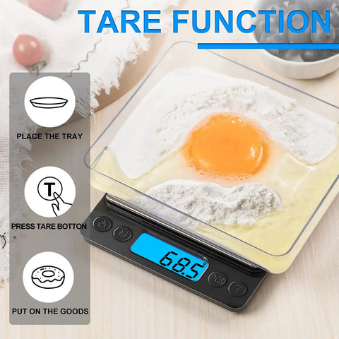 Ultra Precise Digital Kitchen Scale 3000g/0.1g with tare function, displaying 68.5g, holding ingredients in clear tray.