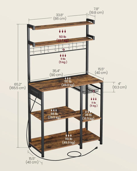 Top Tier Metal Baker Rack With Microwave Stand dimensions and features, showcasing sturdy design, shelves, and hooks for kitchen storage.