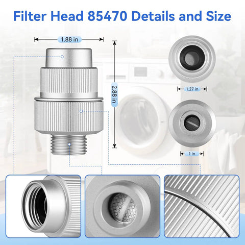 Heavy Duty Inline Water Filter For Washers No Drama Leak Proof Aluminum Body measurement details and filter head structure.