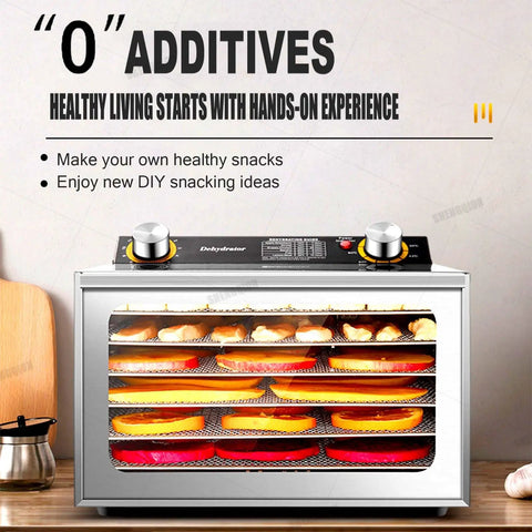 Badass Electric Food Dehydrator With Clear Tempered Glass Door And Stackable Stainless Steel Trays, showcasing dried fruits on trays.