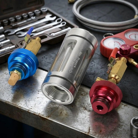 Noteflora Auto AC Maintenance Kit With Visual Oil Filter And Brass Injector Tool showing a silver visual oil filter and two brass connectors.