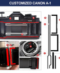 Customized Canon A-1 showing No Sweat Pre Cut Light Seal Foam Sponge Repair Kit with red adhesive patches.
