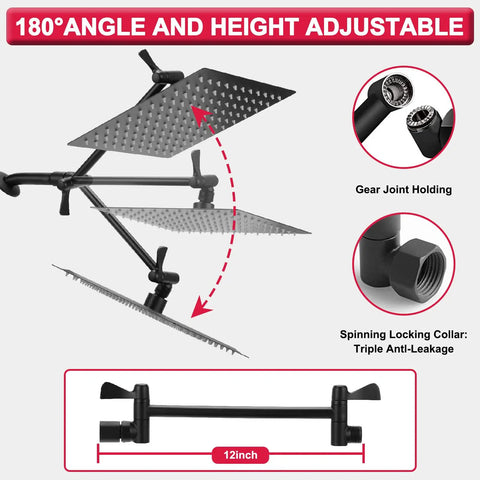 180° adjustable 10 Inch High Pressure Rainfall Shower Head Kit with gear joint and 12 inch arm diagram.